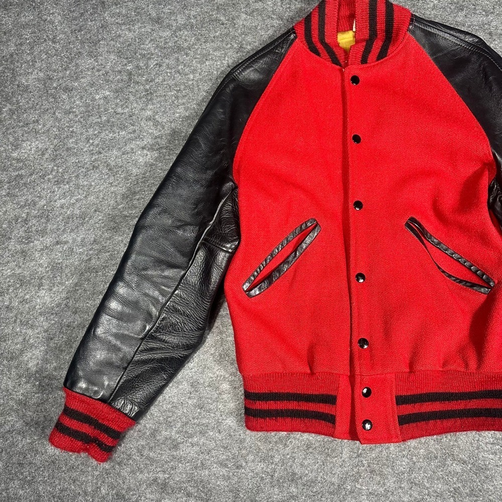 Rare Vintage 80s Kaye Bros Varsity Jacket Red Wool Leather Mens 36 Sikeston - Picture 9 of 16